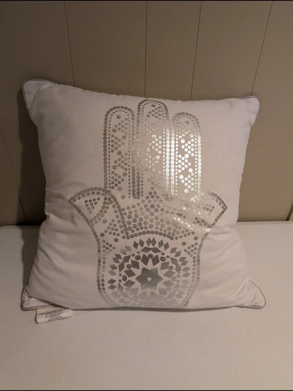 Hamsa Hand Decorative Throw Pillow in White and Silver